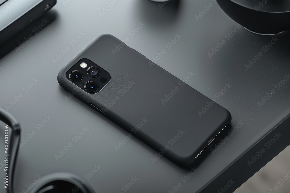 Aufkleber a sleek, modern smartphone featuring a triple camera, resting on a dark surface. the minimalist setu
