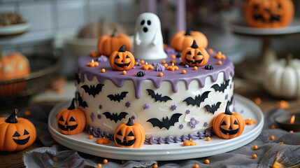 Naklejka premium Halloween cake decorated pumpkins, bats, dripping orange icing. The cake sits on dark surface