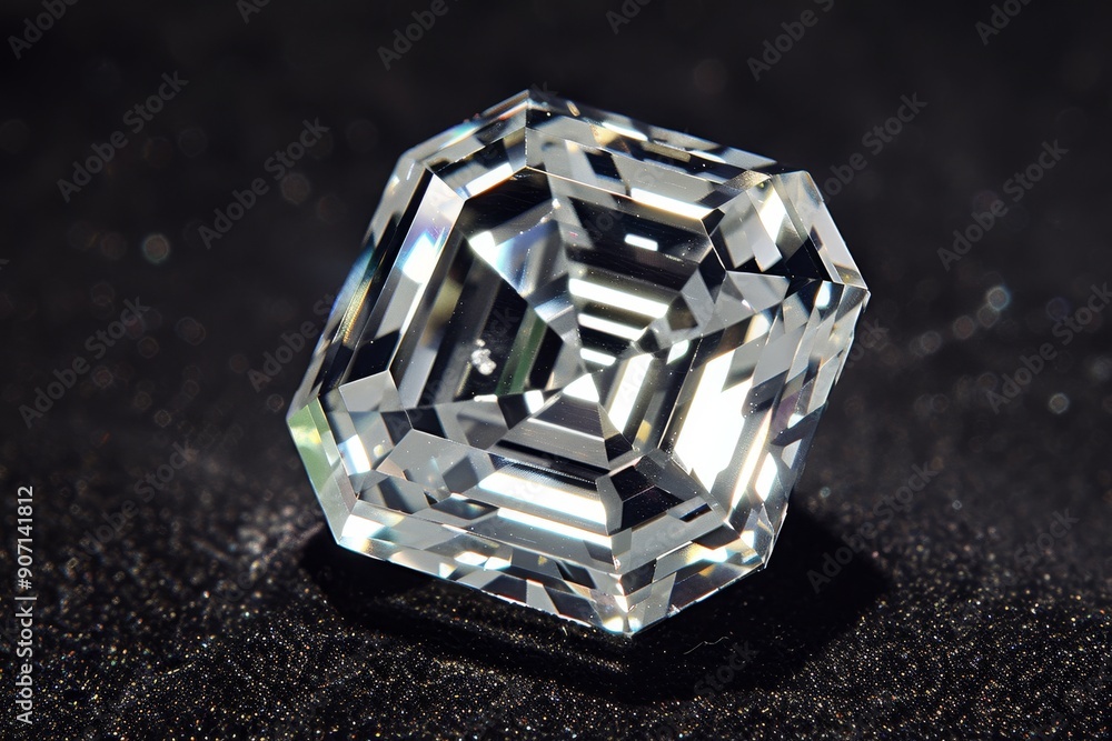 Poster a diamond on a black background, diamond shape with sharp angles, representing precision and clarity