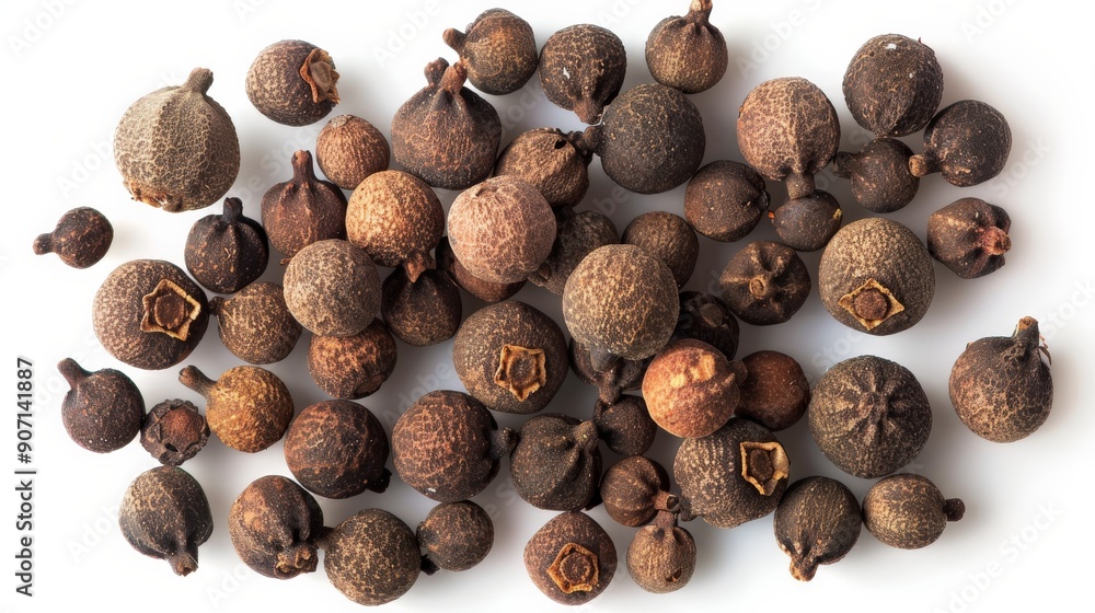 Poster A close-up image of a variety of whole peppercorns isolated on a white background, highlighting their texture and color, ideal for culinary use or spice mixes in cooking.