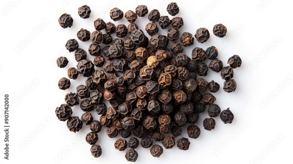 Poster A close-up view of black peppercorns widely scattered on a white background, showing their round form and dark texture, commonly used as a spice in cooking.