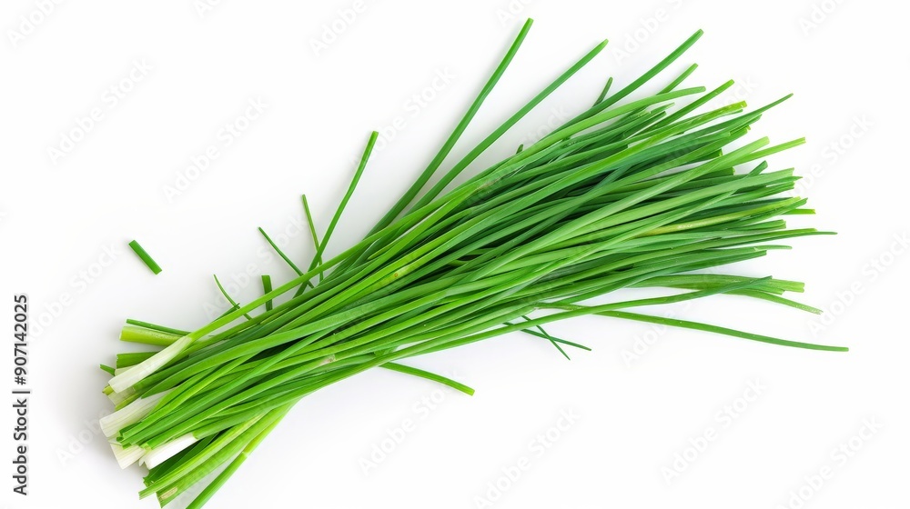 Poster a set of green chives neatly arranged on a white backdrop, highlighting their crisp texture and fres