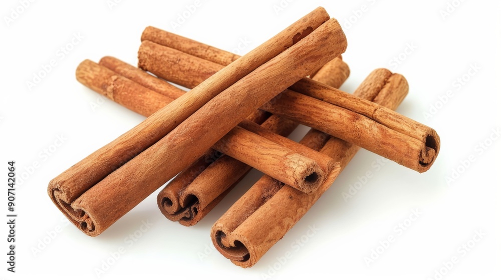 Poster neatly arranged cinnamon sticks displayed on a white background, highlighting their brown color and 