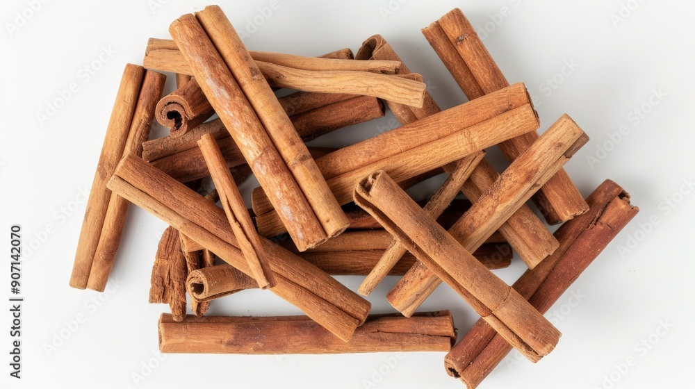 Poster A collection of cinnamon sticks is artistically arranged on a white background, highlighting their rich brown color and textured surface, used commonly in culinary applications.