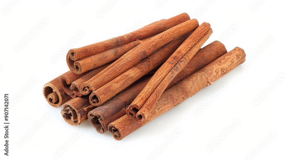 Poster a pile of cinnamon sticks lying on a white background, featuring their rich brown color and intricat