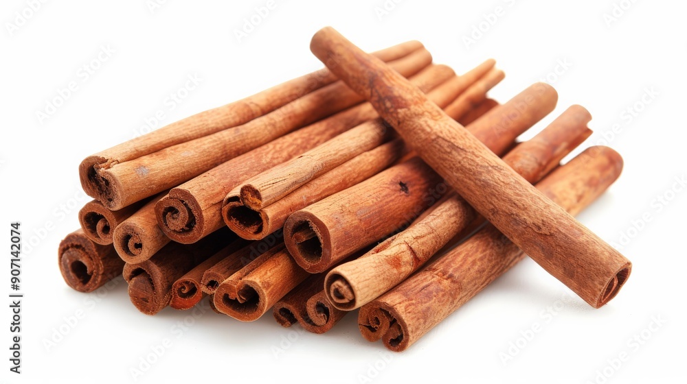Poster This image features a close-up view of aromatic cinnamon sticks arranged in a pile against a white background, showcasing their texture and natural brown color vividly.