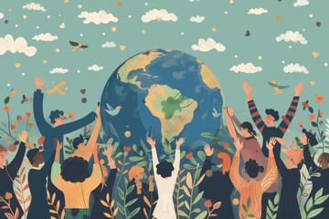 a group of people holding up a globe, diverse group of people lifting the Earth, depicting community empowerment