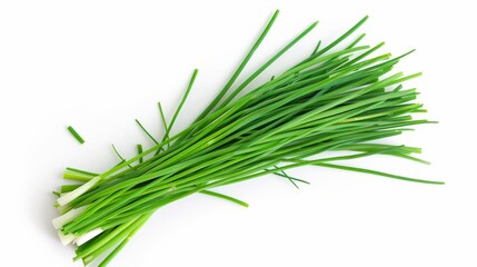 Fototapeta premium A set of green chives neatly arranged on a white backdrop, highlighting their crisp texture and fresh appearance, ideal for culinary purposes and food decor.