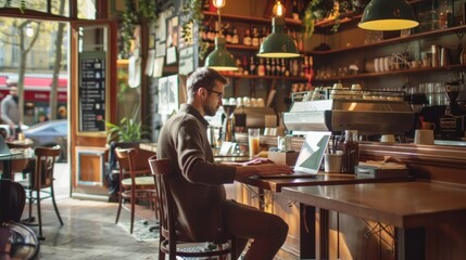 Man Working on Laptop in a Cafe