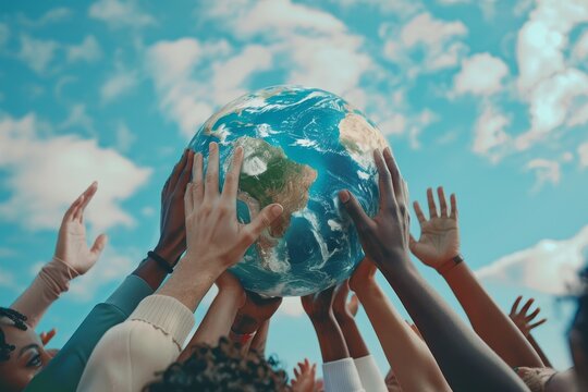 a group of people holding up a globe, diverse group of people lifting the Earth, depicting community empowerment