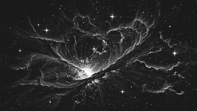Deep space scene background in stippling style with amazing huge nebula and glowing stars cluster in universe. Retro styled dotwork. Pointillism. Noisy grainy shading using dots. Vector illustration	
