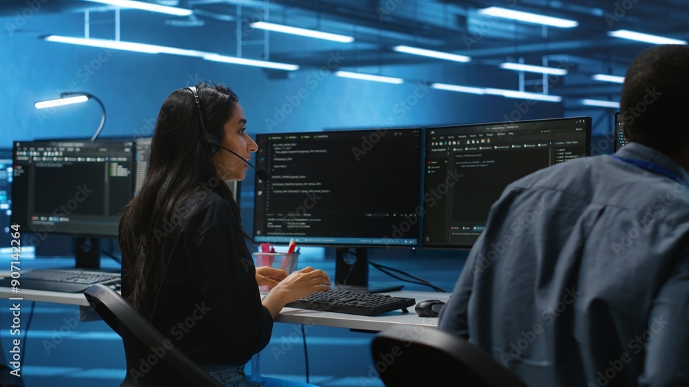 Poster team of it support experts working together, supervising server rows in computer network security da