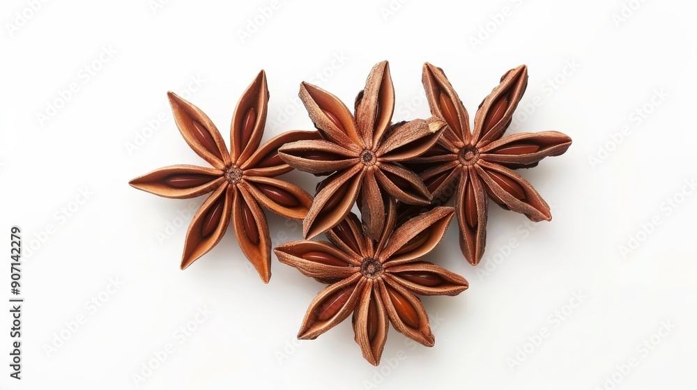 Poster close-up of four star anise pods with their distinct star-shaped configuration, highlighting the ric