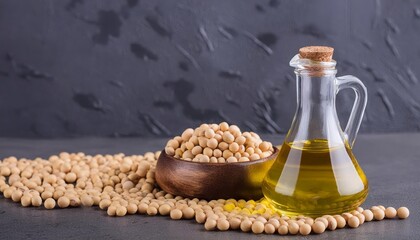 Soybean oil in a glass jar with soybean beans beside it, isolated on a clean background. Showcasing the natural beauty and health benefits of this versatile ingredient