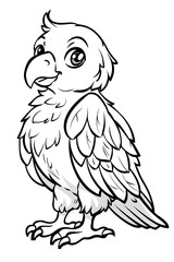 Fototapeta premium A cartoon black and white drawing of a happy bird with a large beak, perched on a rectangle. The handdrawn artwork captures the organisms playful gesture