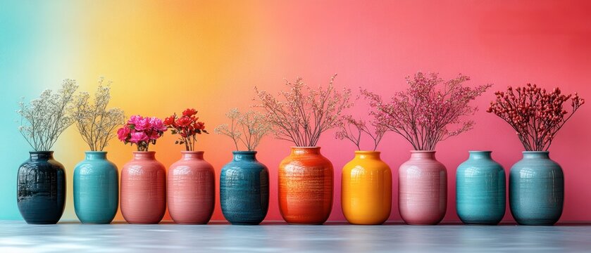 Colorful Vases With Dried Flowers Against a Vibrant Background