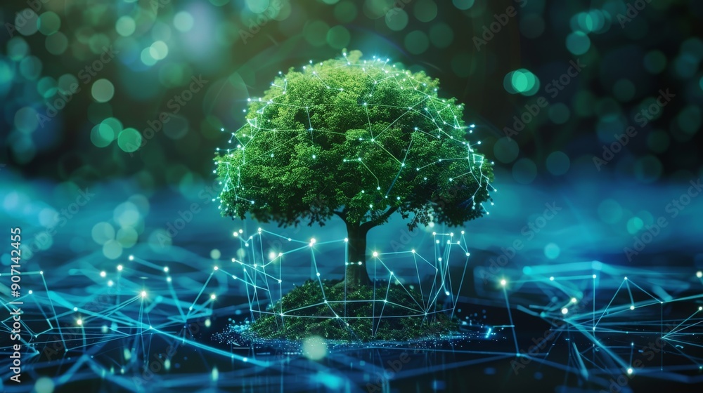 Poster this image illustrates a lush green tree surrounded by glowing network nodes, symbolizing the interc
