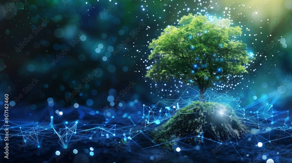 Leinwandbilder a radiant tree sits on a floating piece of earth, adorned with glowing digital connections, represen