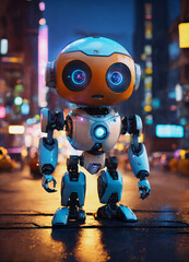 Fototapeta premium cute tiny robot night render 3d ai android unreal engine render of a cute tiny robo in a busy, crowded city at night, cute eyes, volumetric lighting