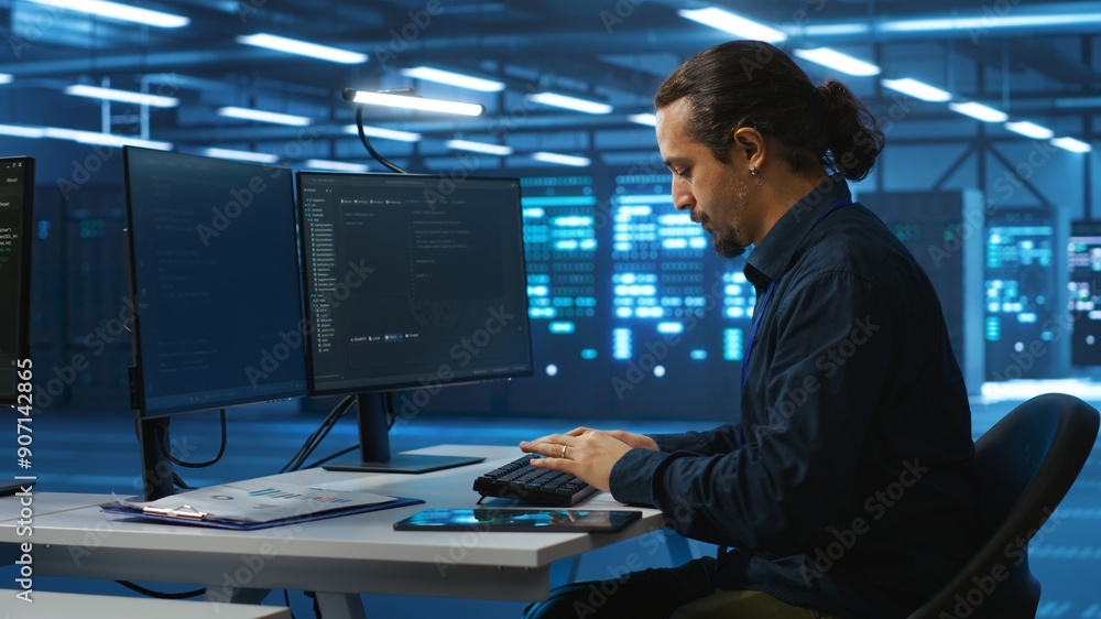 Poster system administrator in server room doing system analysis, coding, doing needed adjustments for supe