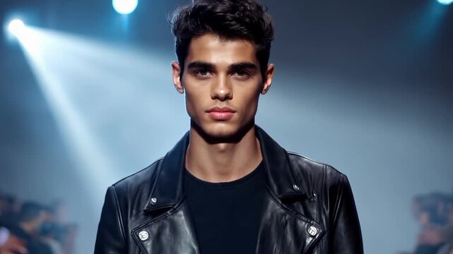 A handsome male model with deep brown skin and sharp cheekbones captivates the audience as he walks the runway in a fitted leather jacket. The background is a gritty urban space