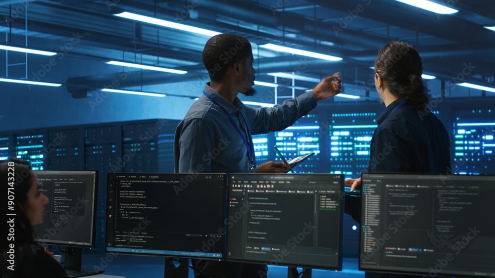 Poster multiracial team of technicians working in high tech server hub capable of storing vast amounts of d