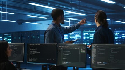 Multiracial team of technicians working in high tech server hub capable of storing vast amounts of data. Coworkers doing brainstorming, trying to troubleshoot servers controlling network resources