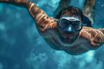 Naklejka premium A swimmer wearing goggles floats in clear blue water, looking up with a relaxed expression, sunlight creating patterns on the water's surface in a serene pool setting.