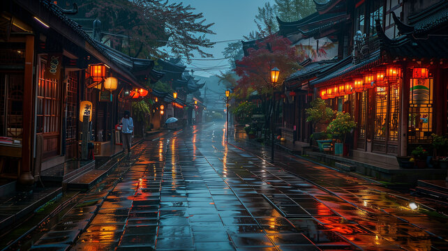 Japanese style old town architecture with rain at night