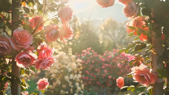  garden trellis adorned with climbing roses, creating a beautiful floral display