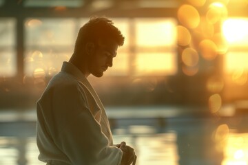 Fototapeta premium This image shows a man wearing a martial arts uniform standing by the window, silhouetted by the setting sun, reflecting in a moment of calm with a serene background.
