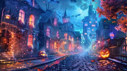 Obraz premium Spooky Halloween Night In A Cobblestone Village With Pumpkins