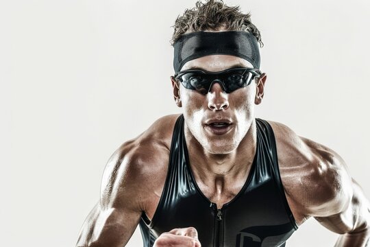 A focused athlete sprints forward in a black athletic outfit, his muscular build and intense concentration underscoring the dedication to peak physical performance, fitness, and speed.