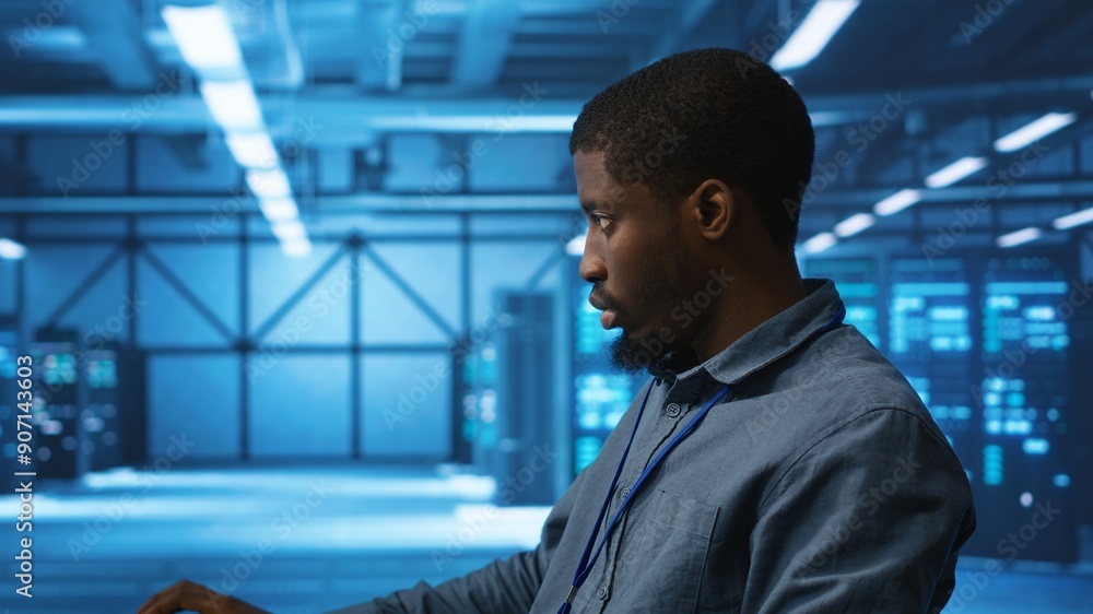 Poster african american it expert in server farm ensuring valuable data remains shielded from threats. man 