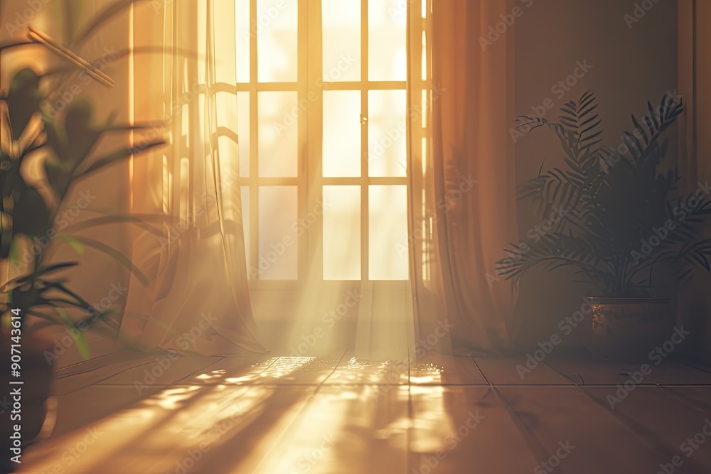 Aufkleber a room with a window and a plant in it, gentle light leak overlay simulating natural sunlight stream