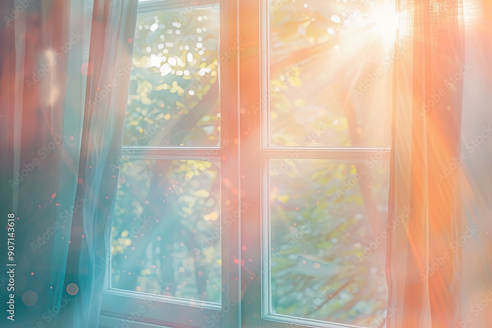 Aufkleber a room with a window and a plant in it, gentle light leak overlay simulating natural sunlight stream