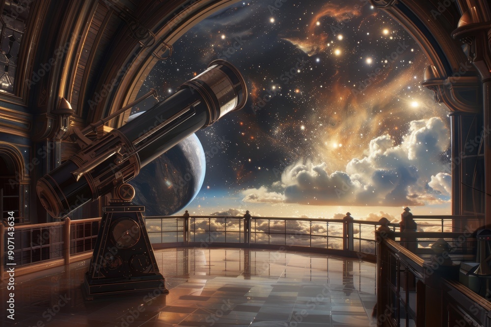 Poster a telescope in a space station with a view of the earth, giant telescope inside an observatory overlooking the edge of the universe
