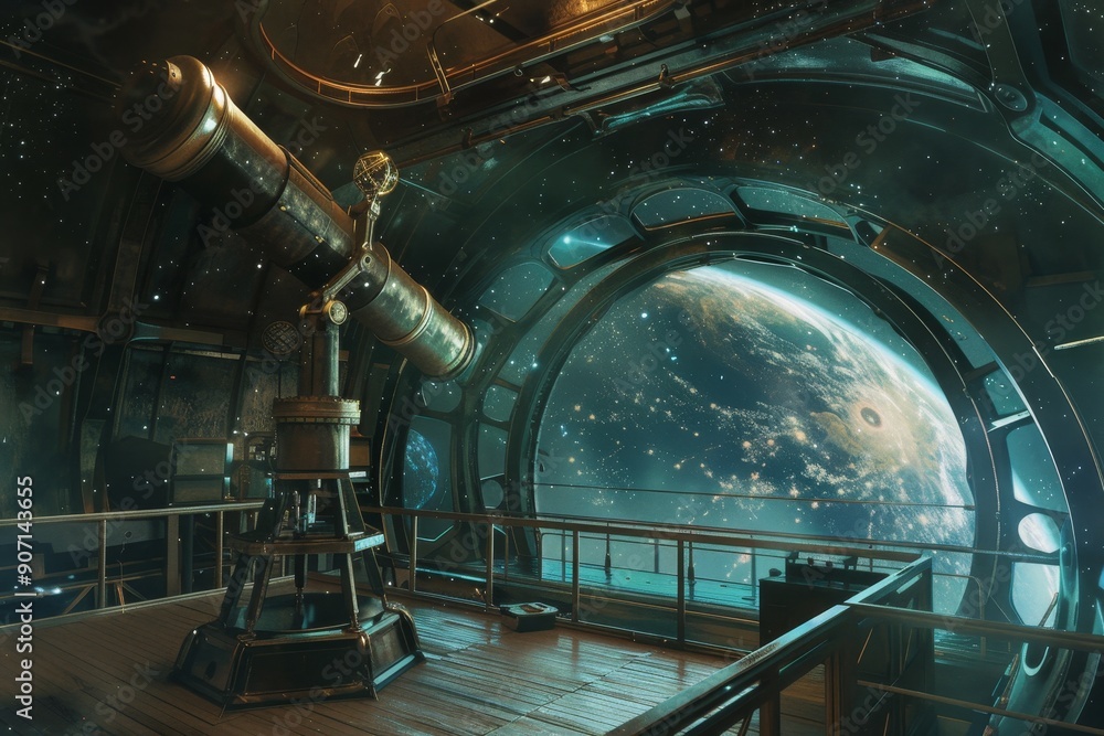 Poster a telescope in a space station with a view of the earth, giant telescope inside an observatory overlooking the edge of the universe