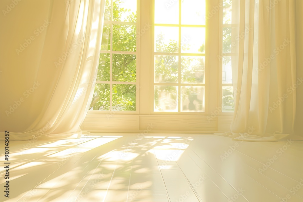 Poster a room with a window and a plant in it, gentle light leak overlay simulating natural sunlight stream