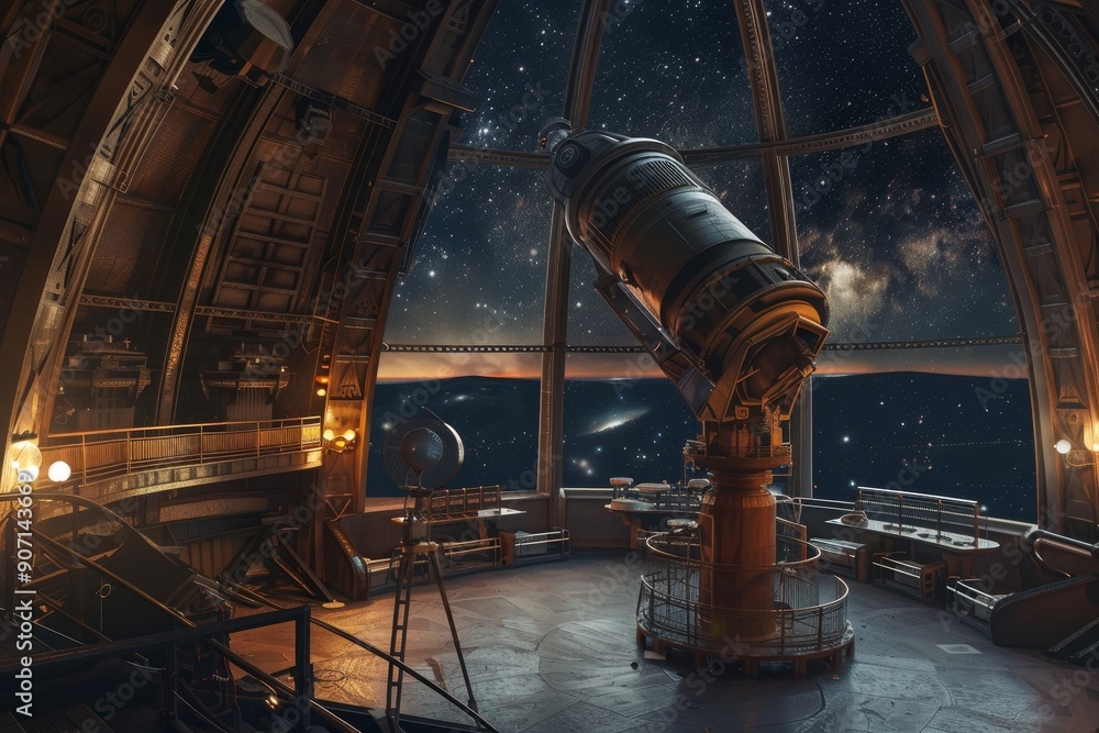 Poster a telescope in a space station with a view of the earth, giant telescope inside an observatory overlooking the edge of the universe