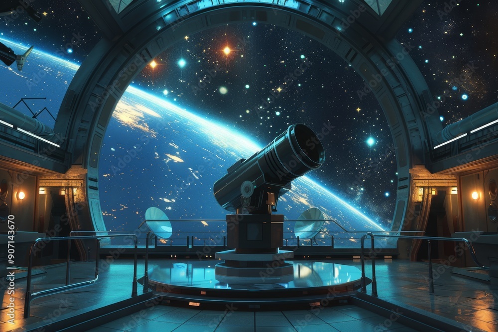 Poster a telescope in a space station with a view of the earth, giant telescope inside an observatory overl