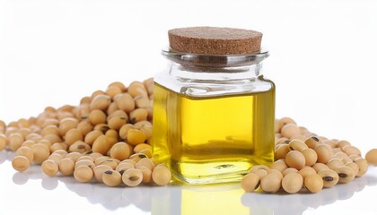 Soybean oil in a glass jar with soybean beans beside it, isolated on a clean background. Showcasing the natural beauty and health benefits of this versatile ingredient