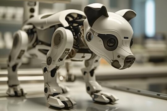 a white dog statue sitting on top of a table, genetically engineered pet designed for companionship and loyalty