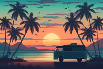 a van parked on the beach with palm trees, picturesque boho beach scene during sunset, with silhouettes of palm trees and a vintage camper van
