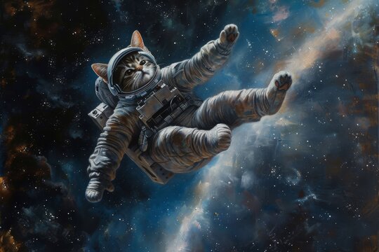 a cat in a space suit floating in the air, photorealistic painting of a cat astronaut floating in space