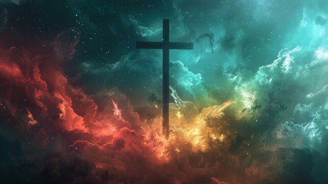 watercolor painting of a cross silhouetted against a celestial sky, with clouds swirling in shades of red, yellow, and blue.