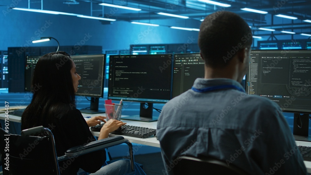 Poster person with paraplegia typing data on pc, doing needed adjustments in supercomputers server farm hou