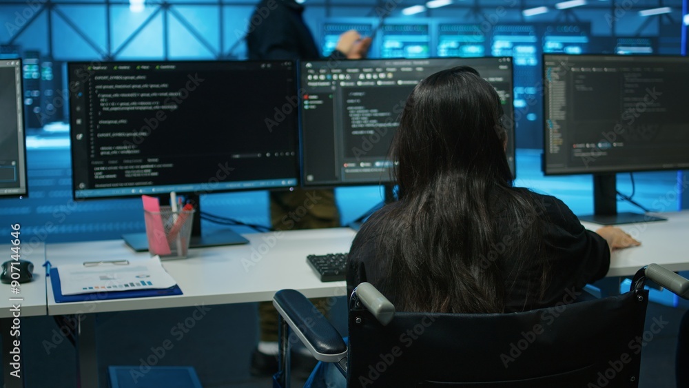 Poster woman with impairment in server farm looking over hardware parameters on clipboard files. wheelchair