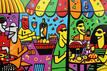 a painting of a table with a basket of food, pop art inspired depiction of lively cookout in a...