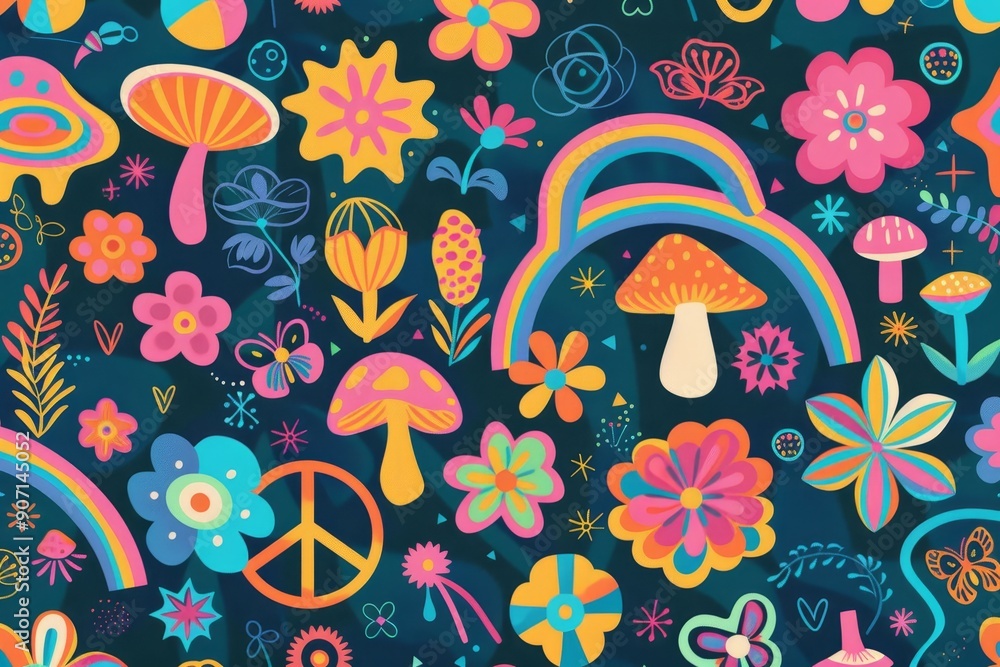 Poster a black background with a pattern of flowers and peace signs, psychedelic swirl of patterns and shap